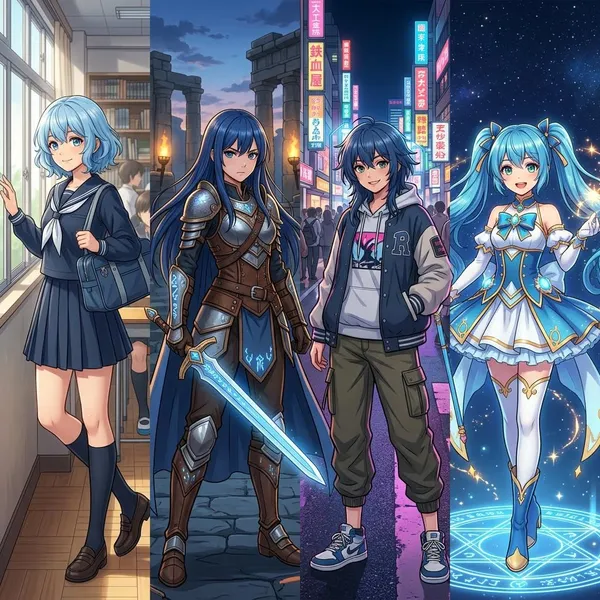 anime characters with blue hair